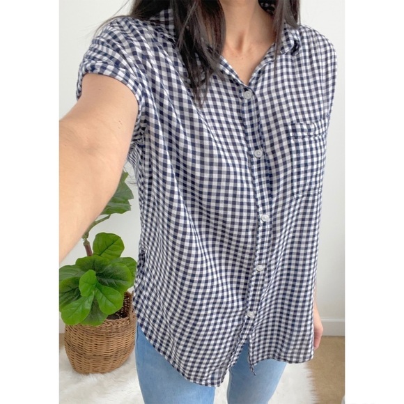 American Eagle Black Gingham Checkered Short Sleeves Button Down Shirt Small - Picture 4 of 15